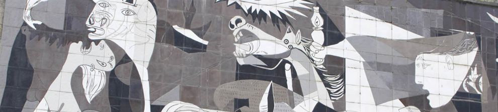 Detail of Guernica by Pablo Picasso showing top section, bull, horse and screaming heads