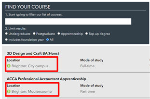 Course finder showing campus locations