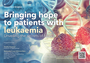 Graphic for Tim Chevassut inaugural lecture - Bringing hope to patients with leukaemia with image of cells