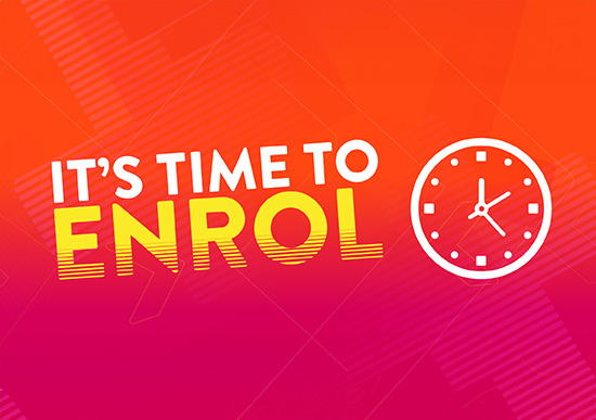 Graphic with the text 'Time to enrol' and a clock