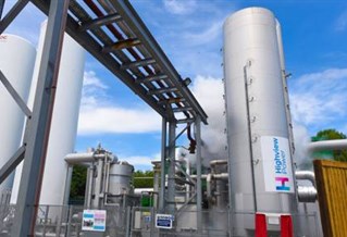 CRYOBattery™ tank graphic showing huge silver silo with gantry and fencing. Brand shows Highview logos. CRYOBattery tank from collaborations with the University of Brighton Advanced Engineering Centre.