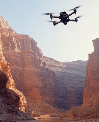 Drone flying within rocky canyon.