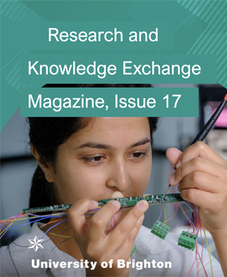 Researcher working with circuit board. Magazine cover image reads Research and Knowledge Exchange Magazine Issue 17