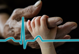 Science research for lifelong health. Old and baby hand with healthy electrocardiograph line.