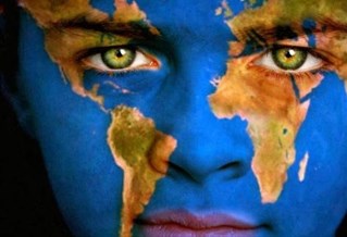 human face painted with world map