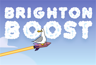 Brighton Boost logo, featuring a drawing of a seagull riding a rocket