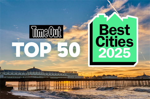 A picture of Brighton Palace Pier with Time Out Top 50 Best Cities 2025 overlaid