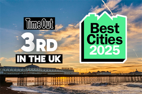 A picture of Brighton Palace Pier with Time Out 3rd in the UK, 50 Best Cities 2025 overlaid