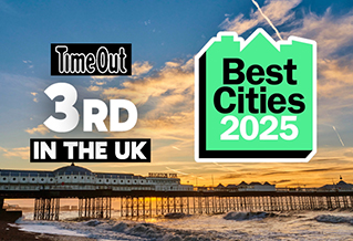 A picture of Brighton Palace Pier with Time Out 3rd in the UK, 50 Best Cities 2025 overlaid