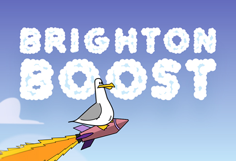 Graphic with the text 'Brighton Boost' and a seagull riding a rocket through the sky