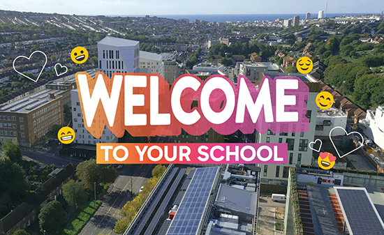 An aerial photo of our Moulsecoomb campus, overlaid with text saying Welcome To Your School and emojis