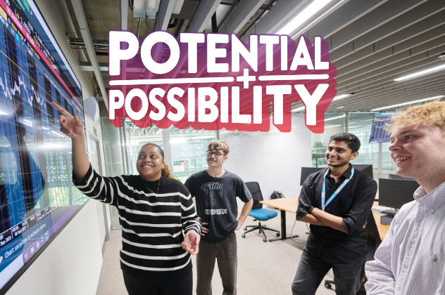 Image of students at a smartboard with the words Potential and Possibility