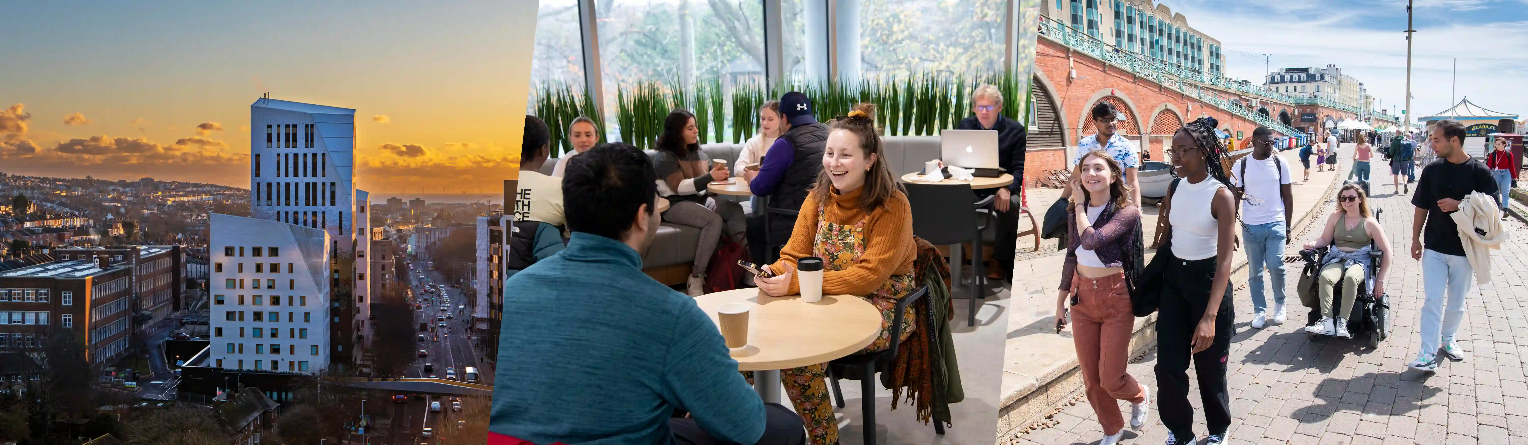 Composite image of the Moulsecoomb skyline, students in a cafe, and students on Brighton seafront