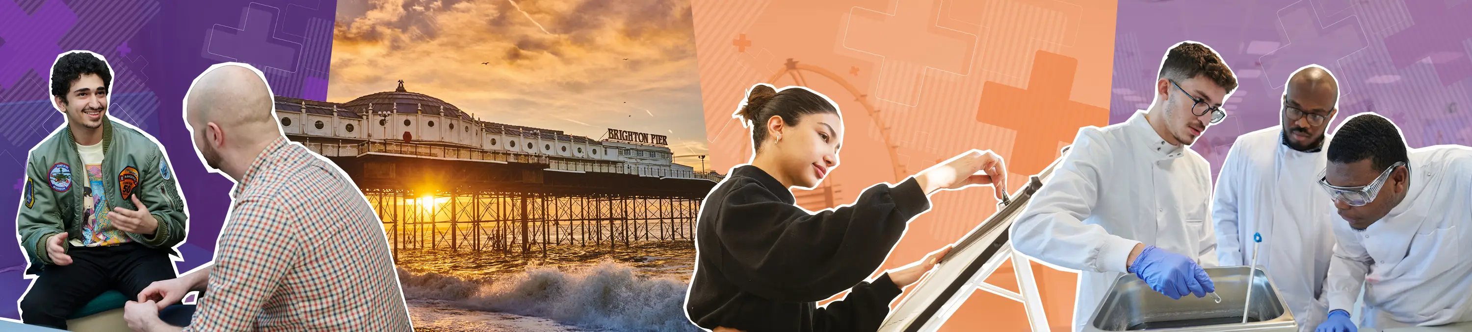 Graphic image of students working on a background of the Brighton Pier at sunset