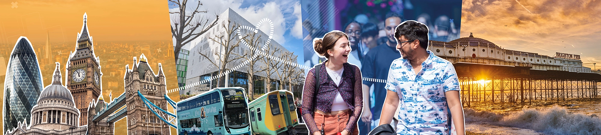 A banner showing Brighton, London, and various transport options