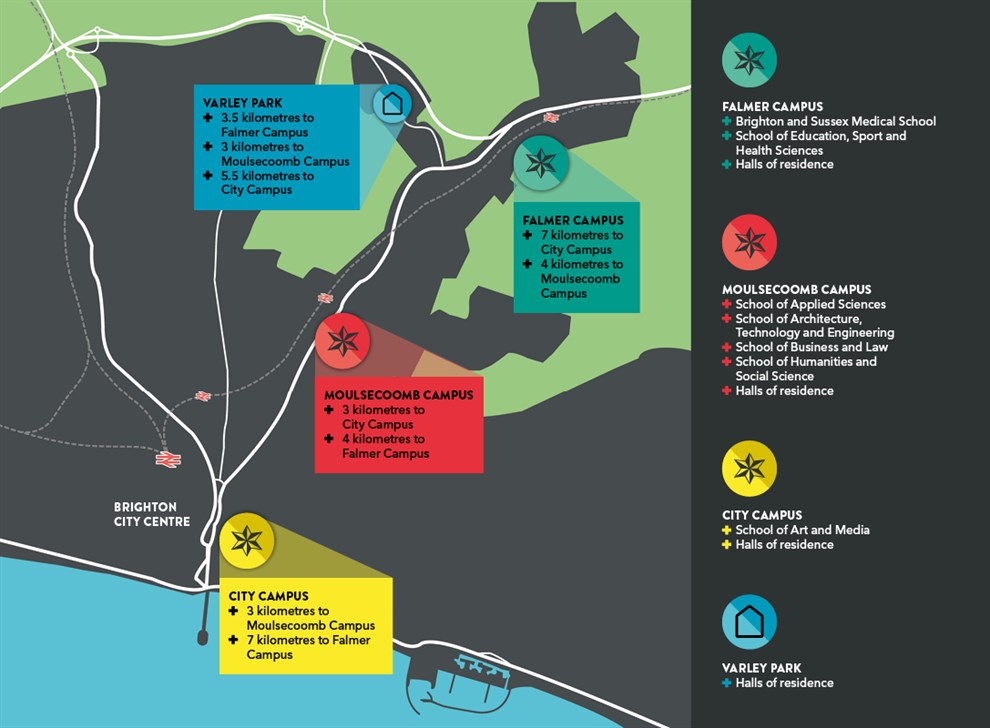 Annotated map of the Brighton campuses in 2024