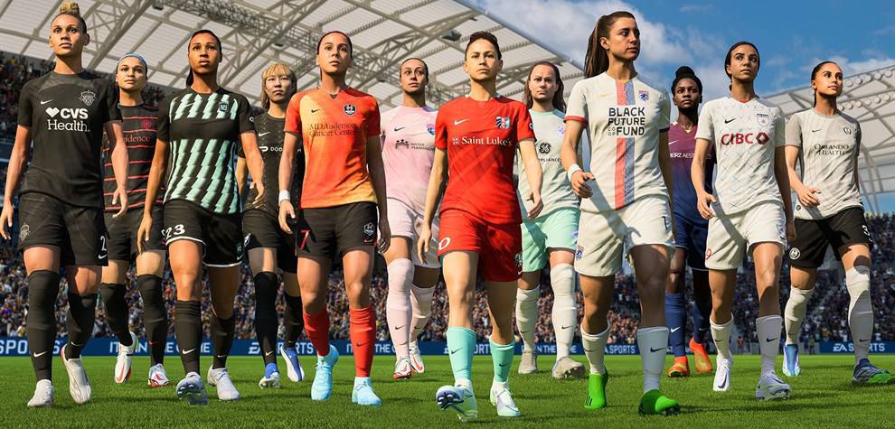 Group of NWFL video game characters of women football players crossing a pitch