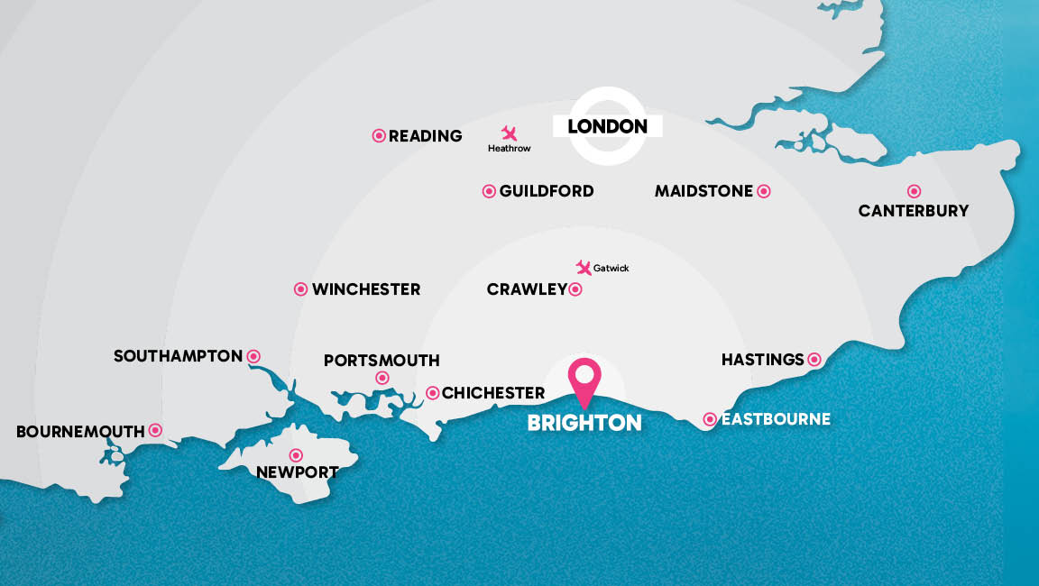 A map of the south-east of England, showing Brighton in relation to London, airports, and other nearby towns and cities