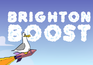 Seagull on a rocket with the words: Brighton Boost